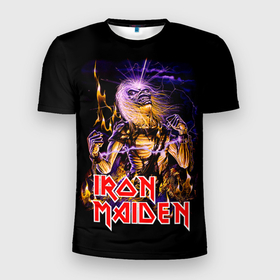 Мужская футболка 3D Slim с принтом Iron Maiden   рок 80 х в Белгороде, 100% полиэстер с улучшенными характеристиками | приталенный силуэт, круглая горловина, широкие плечи, сужается к линии бедра | iron maiden | железная дева | металл | рок | хеви металл