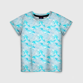 Детская футболка 3D с принтом Дельфины в океане в Курске, 100% гипоаллергенный полиэфир | прямой крой, круглый вырез горловины, длина до линии бедер, чуть спущенное плечо, ткань немного тянется | animal | blue | dolphins | fish | fresh | marine | ocean | sea | summer | дельфины | животное | лето | море | морской | океан | рыба | свежий