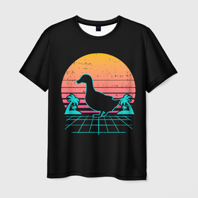 Мужская футболка 3D с принтом Ретро утка в Санкт-Петербурге, 100% полиэфир | прямой крой, круглый вырез горловины, длина до линии бедер | 80 | 90 | duck | mesh | night | palm trees | retro | sunset | закат | ночь | пальмы | ретро | сансет | сетка | утка
