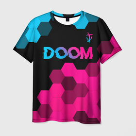 Мужская футболка 3D с принтом Doom Neon Gradient в Кировске, 100% полиэфир | прямой крой, круглый вырез горловины, длина до линии бедер | doom | logo | градиент | дум | игра | игры | лого | логотип | неон | символ | соты