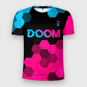Мужская футболка 3D Slim с принтом Doom Neon Gradient в Курске, 100% полиэстер с улучшенными характеристиками | приталенный силуэт, круглая горловина, широкие плечи, сужается к линии бедра | doom | logo | градиент | дум | игра | игры | лого | логотип | неон | символ | соты