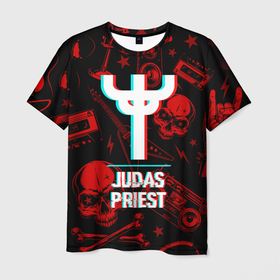 Мужская футболка 3D с принтом Judas Priest Rock Glitch в Екатеринбурге, 100% полиэфир | прямой крой, круглый вырез горловины, длина до линии бедер | 
