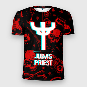 Мужская футболка 3D Slim с принтом Judas Priest Rock Glitch в Белгороде, 100% полиэстер с улучшенными характеристиками | приталенный силуэт, круглая горловина, широкие плечи, сужается к линии бедра | Тематика изображения на принте: 