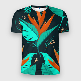 Мужская футболка 3D Slim с принтом Оранжевый цветок с голубыми листами в Екатеринбурге, 100% полиэстер с улучшенными характеристиками | приталенный силуэт, круглая горловина, широкие плечи, сужается к линии бедра | бесшовный паттерн | голубые листья | зелено голубые листья | красивый цвето | летний паттерн | оранжевый | оранжевый цветок | паттерн | стрелиция | стрелиция королевская | цветочный паттерн