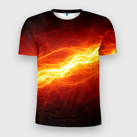 Мужская футболка 3D Slim с принтом Искровой разряд молнии в Белгороде, 100% полиэстер с улучшенными характеристиками | приталенный силуэт, круглая горловина, широкие плечи, сужается к линии бедра | lightning | молнии | разряд молнии | удар молнии | электричество