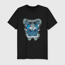 Мужская футболка хлопок Slim с принтом Горилла голубая в Екатеринбурге, 92% хлопок, 8% лайкра | приталенный силуэт, круглый вырез ворота, длина до линии бедра, короткий рукав | Тематика изображения на принте: маска | обезьяна | орангутанг | шимпанзе