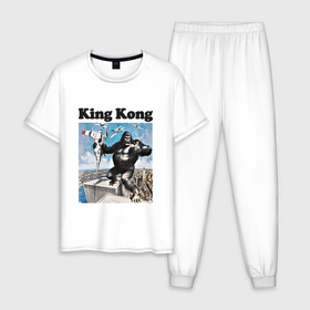 Мужская пижама хлопок с принтом Кинг Конг схватил самолёт , 100% хлопок | брюки и футболка прямого кроя, без карманов, на брюках мягкая резинка на поясе и по низу штанин
 | king kong | горилла | животные | кинг конг | обезьяна