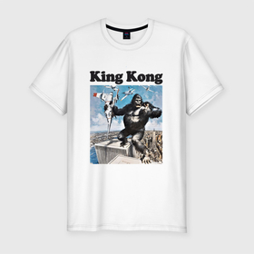 Мужская футболка хлопок Slim с принтом Кинг Конг схватил самолёт в Кировске, 92% хлопок, 8% лайкра | приталенный силуэт, круглый вырез ворота, длина до линии бедра, короткий рукав | king kong | горилла | животные | кинг конг | обезьяна