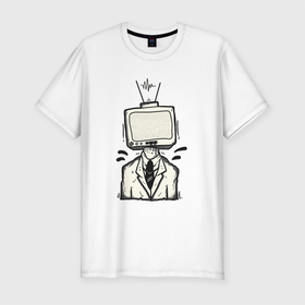 Мужская футболка хлопок Slim с принтом Зомби ТВ в Новосибирске, 92% хлопок, 8% лайкра | приталенный силуэт, круглый вырез ворота, длина до линии бедра, короткий рукав | арт | зомбичок | иллюстрация | костюм | пиджак | телевизор | человек