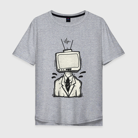 Мужская футболка хлопок Oversize с принтом Зомби ТВ в Петрозаводске, 100% хлопок | свободный крой, круглый ворот, “спинка” длиннее передней части | арт | зомбичок | иллюстрация | костюм | пиджак | телевизор | человек