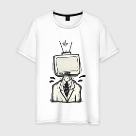 Мужская футболка хлопок с принтом Зомби ТВ в Екатеринбурге, 100% хлопок | прямой крой, круглый вырез горловины, длина до линии бедер, слегка спущенное плечо. | арт | зомбичок | иллюстрация | костюм | пиджак | телевизор | человек