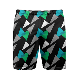 Мужские шорты спортивные с принтом Разноцветные треугольники на черном фоне ,  |  | Тематика изображения на принте: геометрический узор | зеленый | серый | темный узор | треугольники