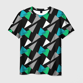 Мужская футболка 3D с принтом Разноцветные треугольники на черном фоне в Кировске, 100% полиэфир | прямой крой, круглый вырез горловины, длина до линии бедер | геометрический узор | зеленый | серый | темный узор | треугольники