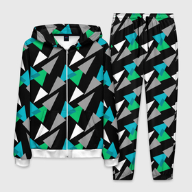 Мужской костюм 3D с принтом Разноцветные треугольники на черном фоне в Кировске, 100% полиэстер | Манжеты и пояс оформлены тканевой резинкой, двухслойный капюшон со шнурком для регулировки, карманы спереди | геометрический узор | зеленый | серый | темный узор | треугольники
