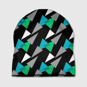 Шапка 3D с принтом Разноцветные треугольники на черном фоне в Кировске, 100% полиэстер | универсальный размер, печать по всей поверхности изделия | геометрический узор | зеленый | серый | темный узор | треугольники