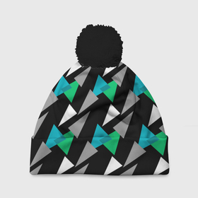 Шапка 3D c помпоном с принтом Разноцветные треугольники на черном фоне в Кировске, 100% полиэстер | универсальный размер, печать по всей поверхности изделия | геометрический узор | зеленый | серый | темный узор | треугольники