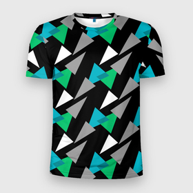 Мужская футболка 3D Slim с принтом Разноцветные треугольники на черном фоне в Кировске, 100% полиэстер с улучшенными характеристиками | приталенный силуэт, круглая горловина, широкие плечи, сужается к линии бедра | геометрический узор | зеленый | серый | темный узор | треугольники