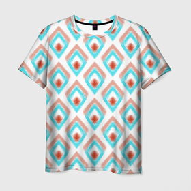 Мужская футболка 3D с принтом Бирюзовые с рыжим  неоновые абстрактные ромбы в Екатеринбурге, 100% полиэфир | прямой крой, круглый вырез горловины, длина до линии бедер | абстрактные ромбы | белый фон | бирюзовый | ретро узор | ромбы