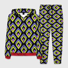Мужской костюм 3D с принтом Yellow pink rhombuses on black в Белгороде, 100% полиэстер | Манжеты и пояс оформлены тканевой резинкой, двухслойный капюшон со шнурком для регулировки, карманы спереди | black | rhombuses | желтый | модный узор | ретро | розовый | ромбы