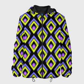 Мужская куртка 3D с принтом Yellow pink rhombuses on black в Белгороде, ткань верха — 100% полиэстер, подклад — флис | прямой крой, подол и капюшон оформлены резинкой с фиксаторами, два кармана без застежек по бокам, один большой потайной карман на груди. Карман на груди застегивается на липучку | black | rhombuses | желтый | модный узор | ретро | розовый | ромбы