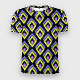 Мужская футболка 3D Slim с принтом Yellow pink rhombuses on black в Белгороде, 100% полиэстер с улучшенными характеристиками | приталенный силуэт, круглая горловина, широкие плечи, сужается к линии бедра | Тематика изображения на принте: black | rhombuses | желтый | модный узор | ретро | розовый | ромбы