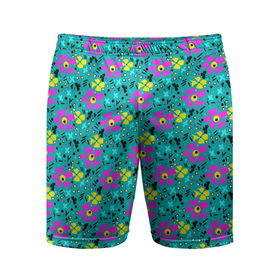 Мужские шорты спортивные с принтом Яркий цветочный узор на бирюзовом фоне ,  |  | бирюзовый | детский принт | летний узор | розовые цветы | цветочный узор | цветы | яркий розовый