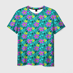 Мужская футболка 3D с принтом Яркий цветочный узор на бирюзовом фоне в Новосибирске, 100% полиэфир | прямой крой, круглый вырез горловины, длина до линии бедер | бирюзовый | детский принт | летний узор | розовые цветы | цветочный узор | цветы | яркий розовый