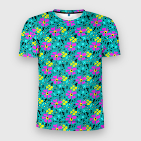 Мужская футболка 3D Slim с принтом Яркий цветочный узор на бирюзовом фоне в Белгороде, 100% полиэстер с улучшенными характеристиками | приталенный силуэт, круглая горловина, широкие плечи, сужается к линии бедра | бирюзовый | детский принт | летний узор | розовые цветы | цветочный узор | цветы | яркий розовый