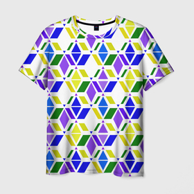 Мужская футболка 3D с принтом Разноцветный неоновый геометрический узор , 100% полиэфир | прямой крой, круглый вырез горловины, длина до линии бедер | Тематика изображения на принте: геометрические фигуры | геометрический узор | неоновый зеленый | неоновый узор | разноцветный | фиолетовый