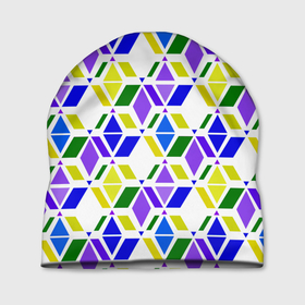 Шапка 3D с принтом Разноцветный неоновый геометрический узор в Курске, 100% полиэстер | универсальный размер, печать по всей поверхности изделия | Тематика изображения на принте: геометрические фигуры | геометрический узор | неоновый зеленый | неоновый узор | разноцветный | фиолетовый