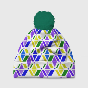 Шапка 3D c помпоном с принтом Разноцветный неоновый геометрический узор в Курске, 100% полиэстер | универсальный размер, печать по всей поверхности изделия | Тематика изображения на принте: геометрические фигуры | геометрический узор | неоновый зеленый | неоновый узор | разноцветный | фиолетовый