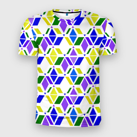 Мужская футболка 3D Slim с принтом Разноцветный неоновый геометрический узор в Тюмени, 100% полиэстер с улучшенными характеристиками | приталенный силуэт, круглая горловина, широкие плечи, сужается к линии бедра | геометрические фигуры | геометрический узор | неоновый зеленый | неоновый узор | разноцветный | фиолетовый