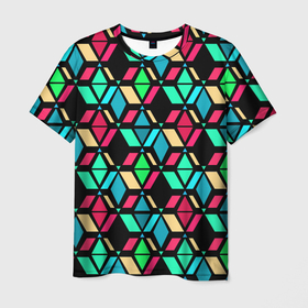Мужская футболка 3D с принтом Геометрические фигуры темная текстура в Петрозаводске, 100% полиэфир | прямой крой, круглый вырез горловины, длина до линии бедер | геометрический узор | разноцветные фигуры | разноцветный | темный | черный