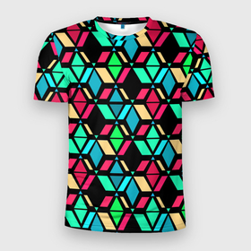 Мужская футболка 3D Slim с принтом Геометрические фигуры темная текстура в Екатеринбурге, 100% полиэстер с улучшенными характеристиками | приталенный силуэт, круглая горловина, широкие плечи, сужается к линии бедра | геометрический узор | разноцветные фигуры | разноцветный | темный | черный