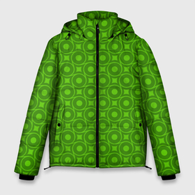 Мужская зимняя куртка 3D с принтом Зеленые круги и ромбы в Санкт-Петербурге, верх — 100% полиэстер; подкладка — 100% полиэстер; утеплитель — 100% полиэстер | длина ниже бедра, свободный силуэт Оверсайз. Есть воротник-стойка, отстегивающийся капюшон и ветрозащитная планка. 

Боковые карманы с листочкой на кнопках и внутренний карман на молнии. | Тематика изображения на принте: абстрактные | классика | классические | нейтральные | спокойные | узор | узоры