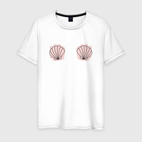 Мужская футболка хлопок с принтом Ракушки на розовом фоне в Петрозаводске, 100% хлопок | прямой крой, круглый вырез горловины, длина до линии бедер, слегка спущенное плечо. | контур | лилуэт | линия | море | ракушки