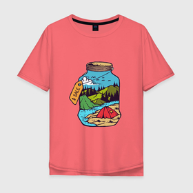 Мужская футболка хлопок Oversize с принтом Летние дни на реке в Курске, 100% хлопок | свободный крой, круглый ворот, “спинка” длиннее передней части | Тематика изображения на принте: кемпинг | лес | лето | отдых | отпуск | палатки | природа | река | рыбалка