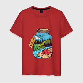 Мужская футболка хлопок с принтом Летние дни на реке в Санкт-Петербурге, 100% хлопок | прямой крой, круглый вырез горловины, длина до линии бедер, слегка спущенное плечо. | кемпинг | лес | лето | отдых | отпуск | палатки | природа | река | рыбалка