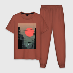 Мужская пижама хлопок с принтом Городские сумерки , 100% хлопок | брюки и футболка прямого кроя, без карманов, на брюках мягкая резинка на поясе и по низу штанин
 | вечер | город | закат | солнце | сумерки