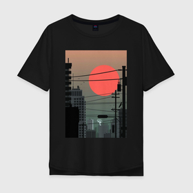Мужская футболка хлопок Oversize с принтом Городские сумерки в Новосибирске, 100% хлопок | свободный крой, круглый ворот, “спинка” длиннее передней части | Тематика изображения на принте: вечер | город | закат | солнце | сумерки