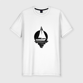 Мужская футболка хлопок Slim с принтом яхта в круге в Тюмени, 92% хлопок, 8% лайкра | приталенный силуэт, круглый вырез ворота, длина до линии бедра, короткий рукав | Тематика изображения на принте: вода | геометрия | лодка | море | моряку | отпуск | парус | яхта