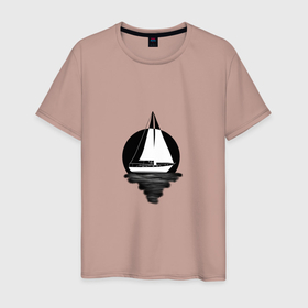 Мужская футболка хлопок с принтом яхта в круге в Екатеринбурге, 100% хлопок | прямой крой, круглый вырез горловины, длина до линии бедер, слегка спущенное плечо. | вода | геометрия | лодка | море | моряку | отпуск | парус | яхта