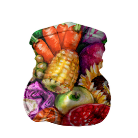 Бандана-труба 3D с принтом Вкусное изобилие в Санкт-Петербурге, 100% полиэстер, ткань с особыми свойствами — Activecool | плотность 150‒180 г/м2; хорошо тянется, но сохраняет форму | Тематика изображения на принте: акварель | акварельный | гранат | для кухни | еда | изобилие | изобильный | капуста | колбаса | кухонный | лето | морковь | овощи | перец | помидоры | рисунок | урожай | фрукты | цветы | яблоки | ягоды
