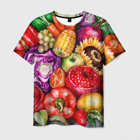 Мужская футболка 3D с принтом Вкусное изобилие в Петрозаводске, 100% полиэфир | прямой крой, круглый вырез горловины, длина до линии бедер | акварель | акварельный | гранат | для кухни | еда | изобилие | изобильный | капуста | колбаса | кухонный | лето | морковь | овощи | перец | помидоры | рисунок | урожай | фрукты | цветы | яблоки | ягоды