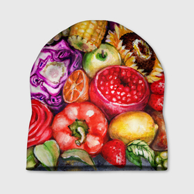 Шапка 3D с принтом Вкусное изобилие в Тюмени, 100% полиэстер | универсальный размер, печать по всей поверхности изделия | акварель | акварельный | гранат | для кухни | еда | изобилие | изобильный | капуста | колбаса | кухонный | лето | морковь | овощи | перец | помидоры | рисунок | урожай | фрукты | цветы | яблоки | ягоды