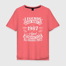 Мужская футболка хлопок Oversize с принтом Легенда 1987 года рождения в Кировске, 100% хлопок | свободный крой, круглый ворот, “спинка” длиннее передней части | 1987 | 87 | год | год рождения | день рождения | ко дню рождения | на день рождения | прямиком из | родился в | сделан в