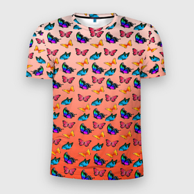Мужская футболка 3D Slim с принтом Яркие и необычные бабочки в Новосибирске, 100% полиэстер с улучшенными характеристиками | приталенный силуэт, круглая горловина, широкие плечи, сужается к линии бедра | жуки | крылатые | крылья | насекомые | разноцветные | узор