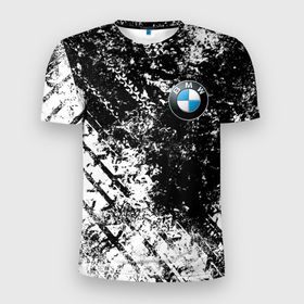 Мужская футболка 3D Slim с принтом BMW :  Испачканная ЧБ , 100% полиэстер с улучшенными характеристиками | приталенный силуэт, круглая горловина, широкие плечи, сужается к линии бедра | bmw | bmw motorsport | bmw performance | carbon | m | m power | motorsport | performance | sport | бмв | карбон | моторспорт | спорт