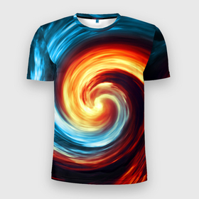 Мужская футболка 3D Slim с принтом Воздушно огненный вихрь в Белгороде, 100% полиэстер с улучшенными характеристиками | приталенный силуэт, круглая горловина, широкие плечи, сужается к линии бедра | вихрь | воздух | огонь | стихия | яркие краски