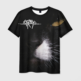 Мужская футболка 3D с принтом Темная сторона Stray в Новосибирске, 100% полиэфир | прямой крой, круглый вырез горловины, длина до линии бедер | game | gamer | stray | взгляд | глаз | дьявол | дьявольский | игра | киберпанк | комп | кот | котики | кошка | магия | сеть | черная магия | черный кот